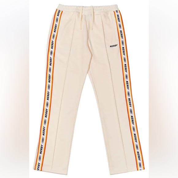 Nerdy Korean Style Cream Racerstripe Track Pants Elastic Drawstring Waistband, S - Picture 1 of 10
